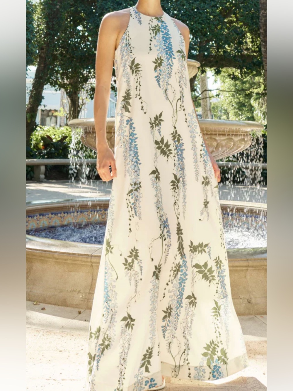 Sleeveless White Maxi Dress with Blue Floral Vine Print